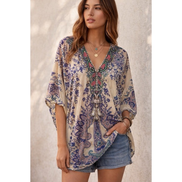 Lucky & Coco Tops - Lucky & Coco Lucky Brand Boho Embroidered Tunic Top Paisley Tassel Beaded Cover